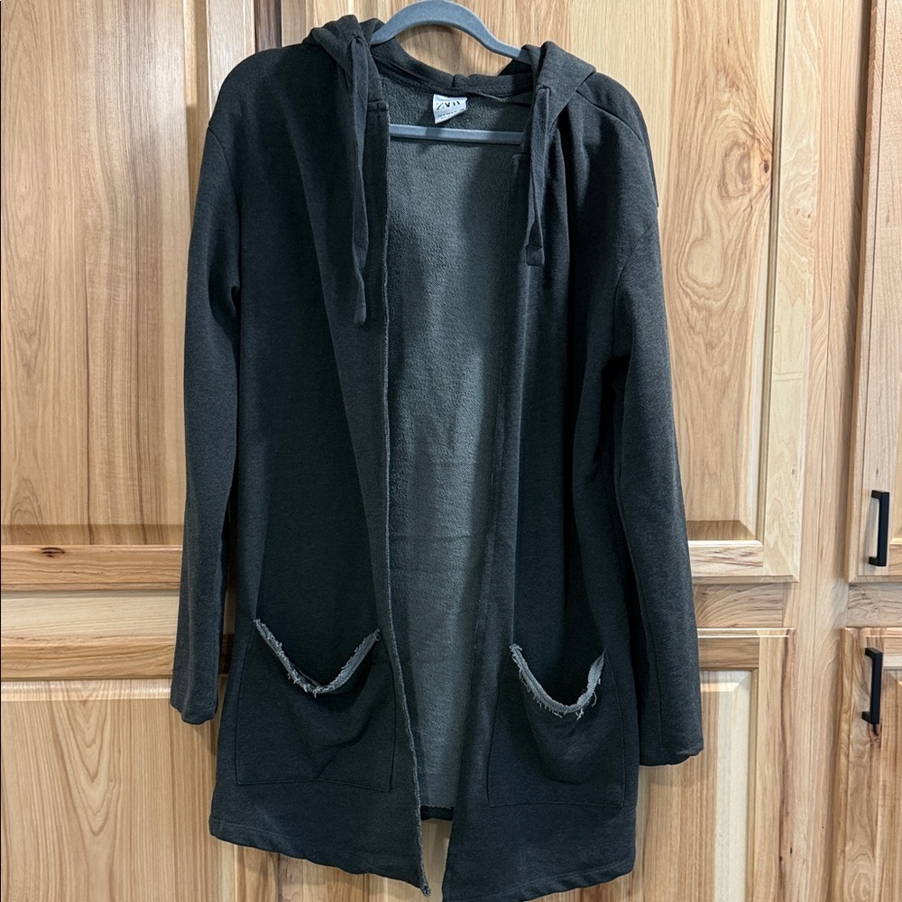 Zara Unisex Dark Gray Hooded Open-Front Long Streetwear Cardigan Sweatshirt Sz M